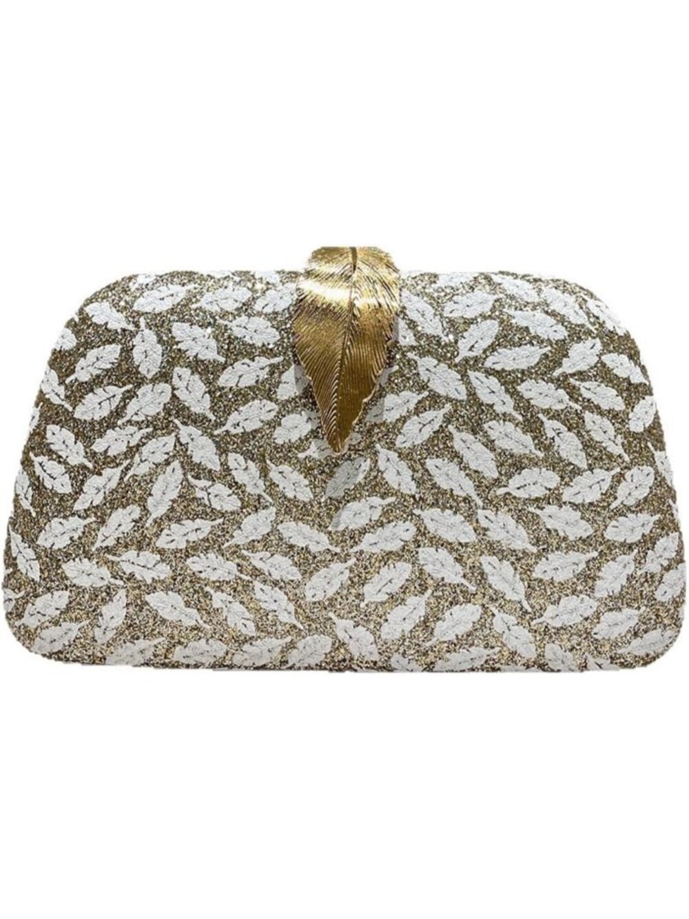 〽️Women Gold White Metallic Leave Clasp Banquet Elegant Clutch Purse Evening Bag